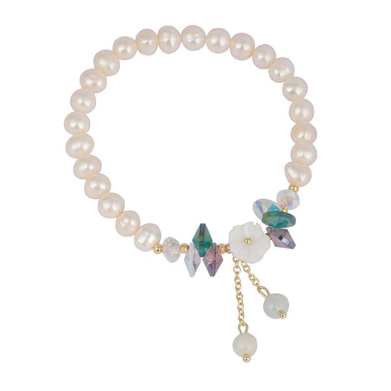 

Freshwater Pearl Colored Diamond Shell Flower Bracelet, Moonstone Pendant, Fashionable and Elegant String Bracelet