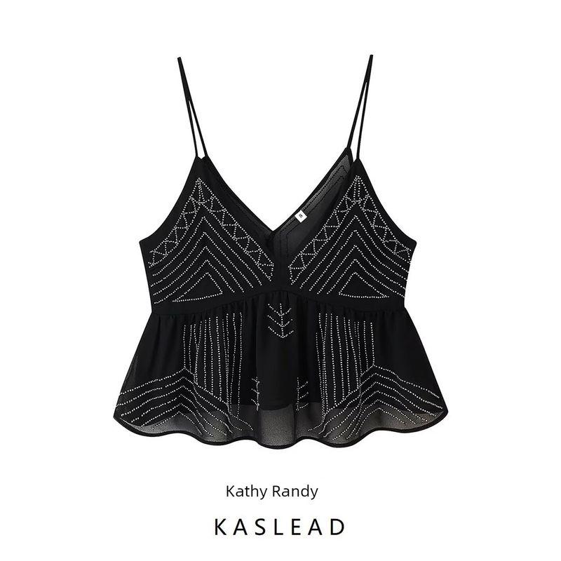 Kaslead New Women clothes Western Style Fashion Simple and Versatile Beaded Embroidery Sling Top