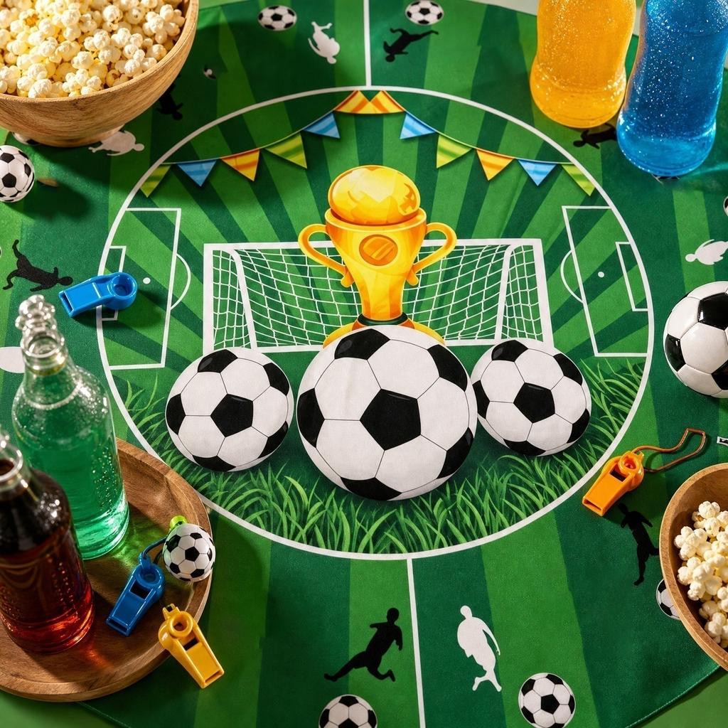 Round Tablecloth with Soccer Trophy and Ball Print for Sports Party Decoration Dining Room Picnic Indoor Outdoor Use