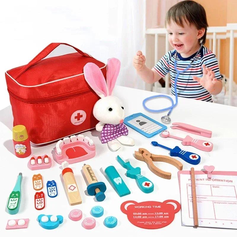 Doctor Toys for Children Set Kids Wooden Pretend Play Kit Games for Girls Boys Red Medical Dentist Medicine Box Cloth Bags Gifts