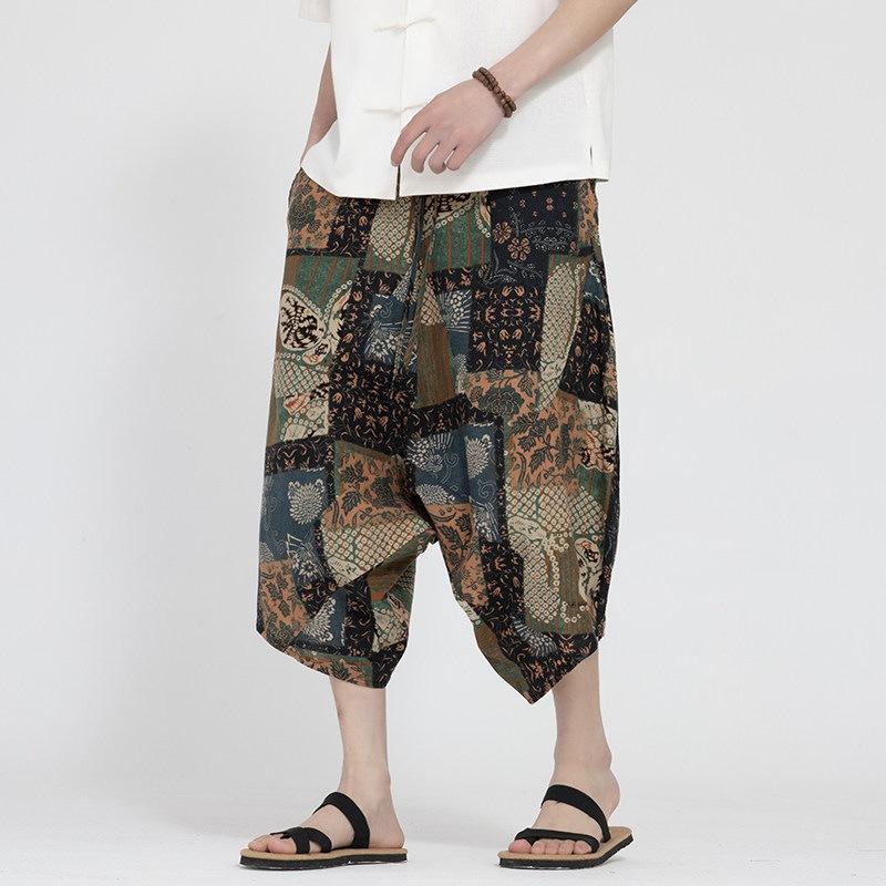 Chinese style men's summer new printed large pants beach pants large size trend loose zen seven-point Harlan pants