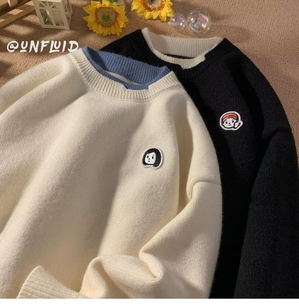 Men's Loose Fit Color Block Knit Sweater - Autumn/Winter Hong Kong Style with Round Neck, Couples Design