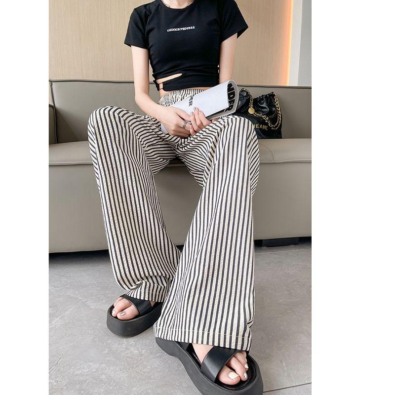 Summer New Fashion Simple Elastic High Waist Casual Wide Leg Pants Women's Print Stripes Patchwork Drawstring Straight Trousers