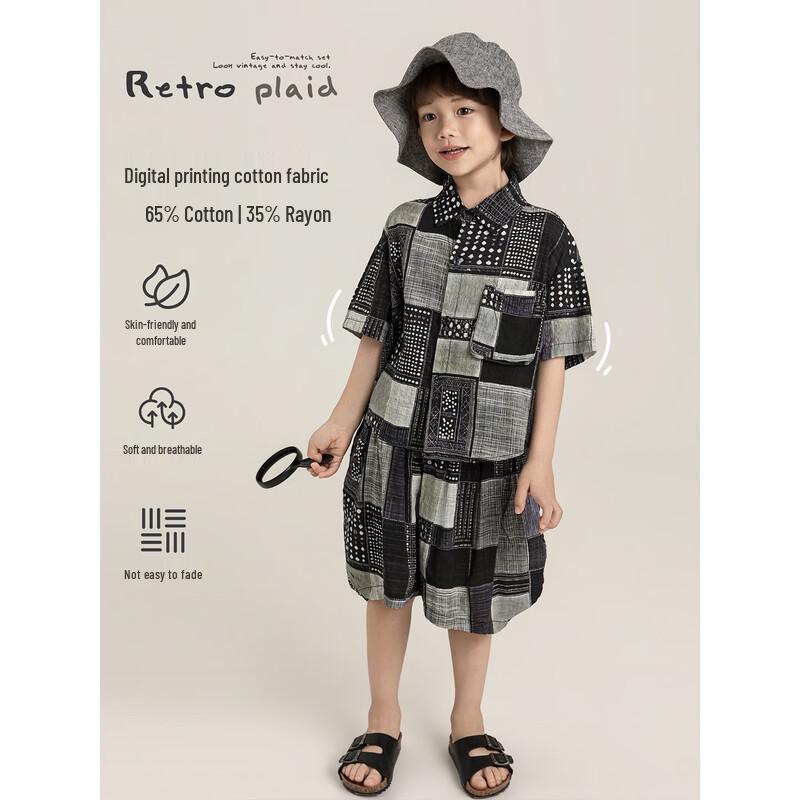 YouYou Boys Retro Plaid Print Summer Two-Piece Set 100cm