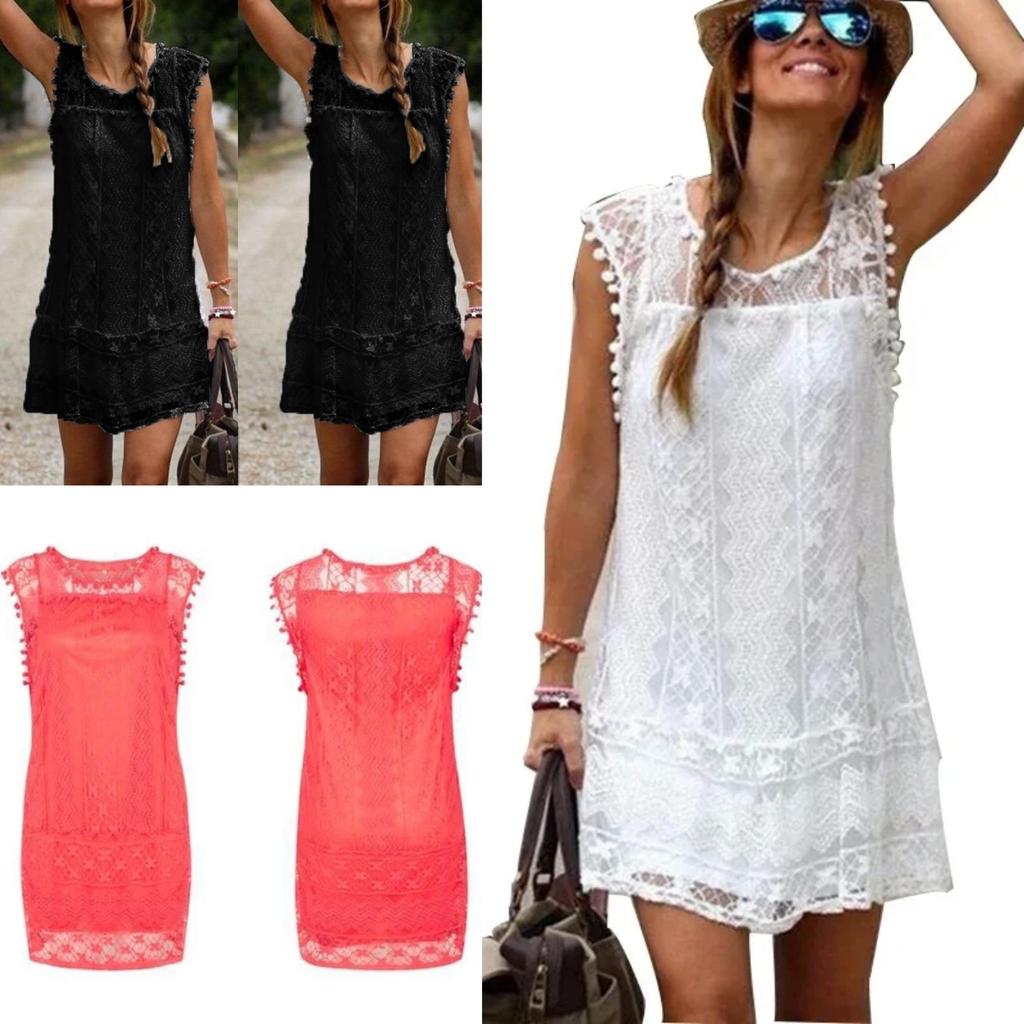 Women's Summer White Casual Dress: Sleeveless Beach Mini Style with Sexy Tassel & Lace Details