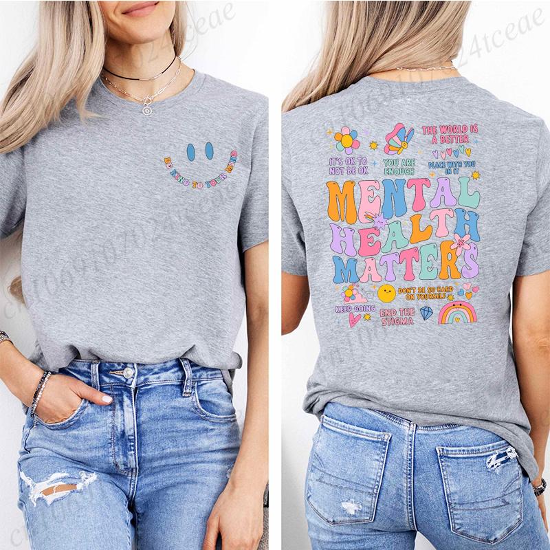 Fashion Women T Shirts Mental Health Matters Print Short Sleeve T-Shirt Inspirational Recreational Therapy Casual Summer Shirts