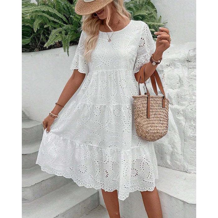 Vestido de Verão Feminino Vazado Plissado A-line Gola O Manga Curta Trompeta Vestido Midi Patchwork Cor Sólida Grande Roda Vestido de Senhora