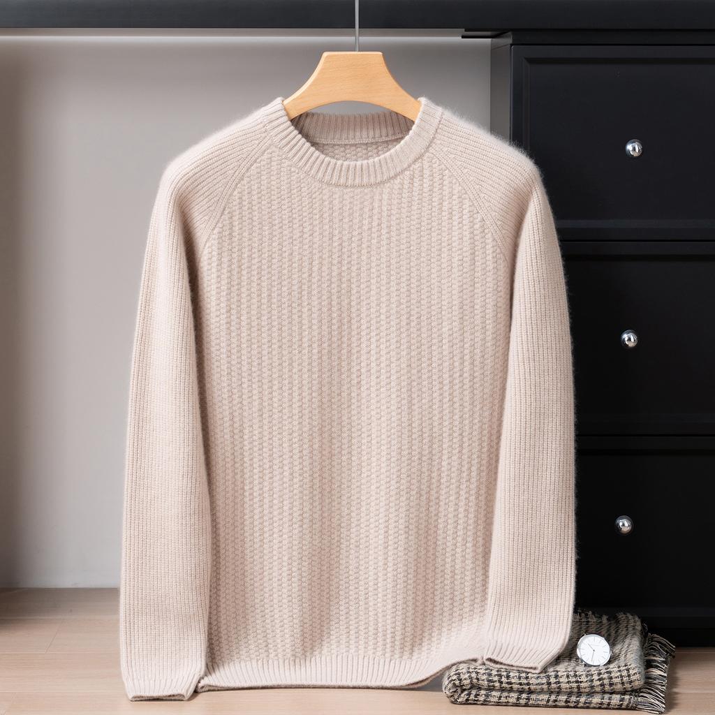 New cashmere sweater men's pure cashmere three-strand thickened round neck Korean version knitted sweater with shoulder sleeves and jacquard