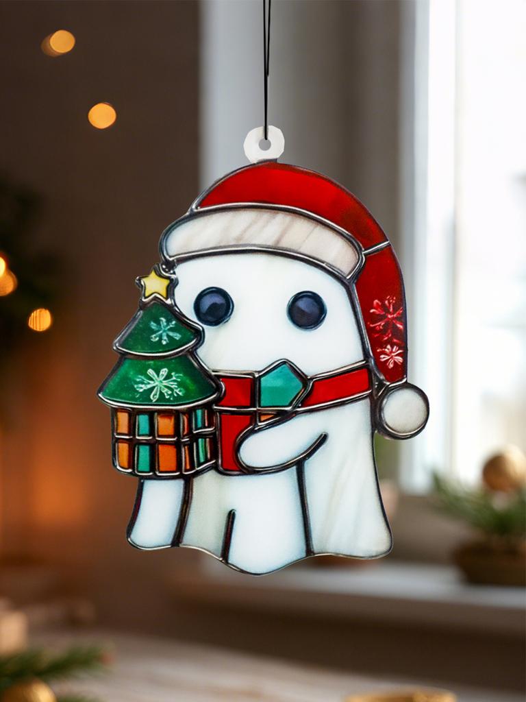 Christmas Halloween Ghost Hanging Ornament Cute Ghost Wearing Santa Hat & Holding Lantern Design Window Decor for Xmas Tree&Home