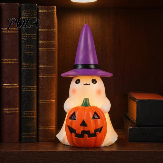 Halloween Witch Hat Decoration Ghost Night Light, Resin Figurine with Glowing Pumpkin Bucket, Warm Cozy Autumn Room Accents LED Amber Lamp, Farmhouse