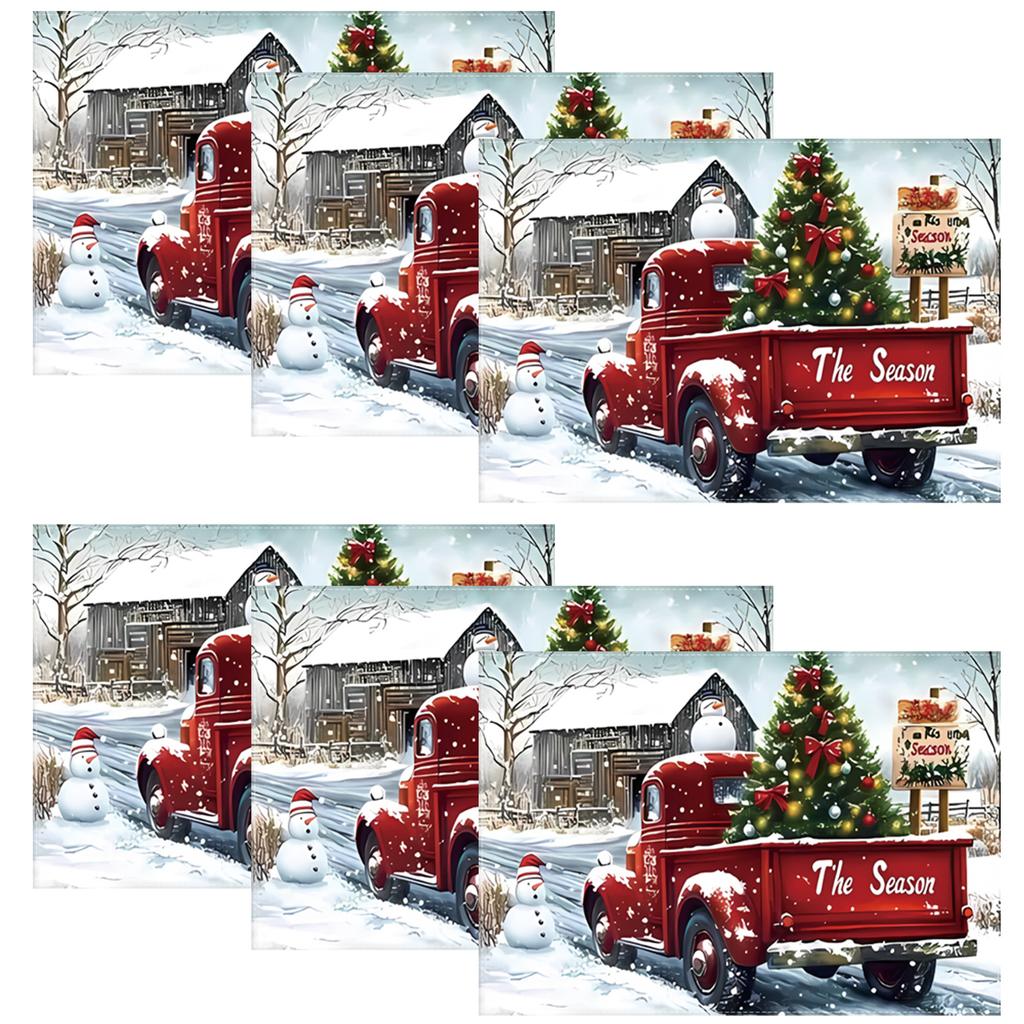 Sets of 4, 6, Or 8 Placemats Showcasing a Vintage Red Truck As The Focal Point, Complemented by Festive Elements Like a Christmas Tree, Snowmen, And