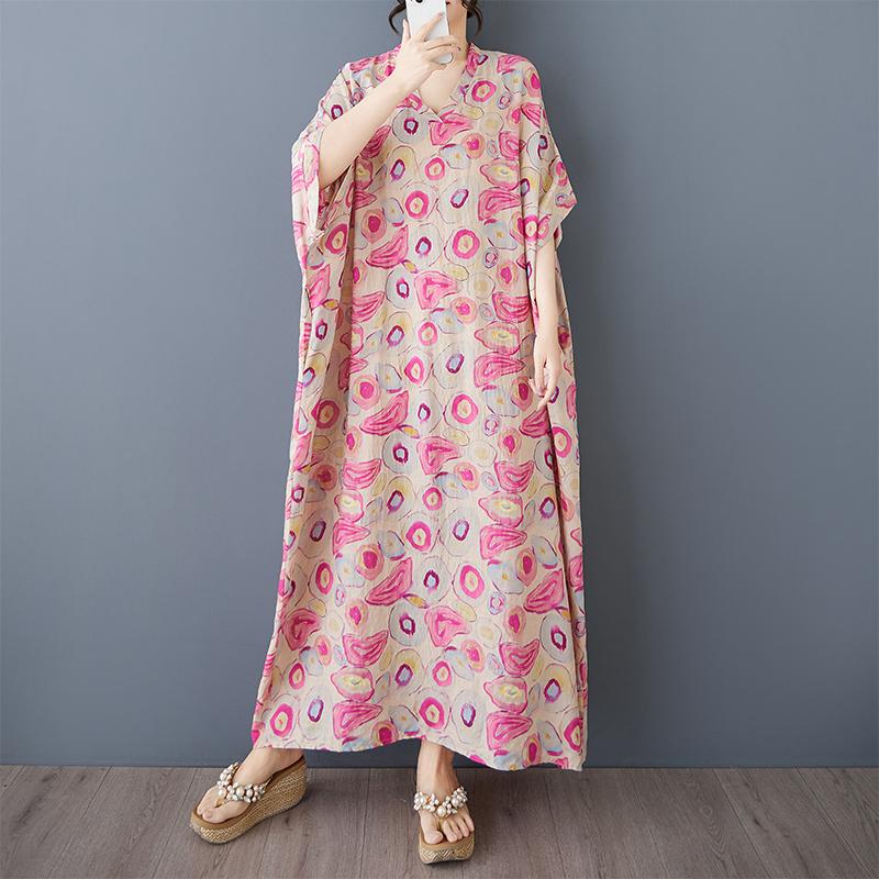 Dimanaf 2025 Summer Women Printing Linen Plus Size Long Dress Short Sleeve Vintage Casual V-Neck Basic Loose Dress