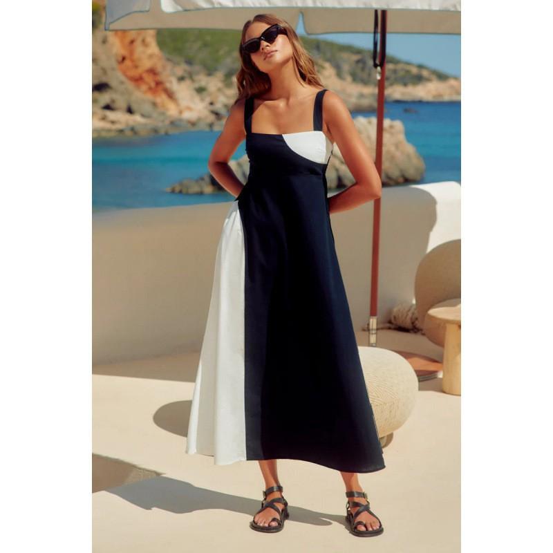 Summer New Style European American Elegant Fashion Vacation Sling Color Matching Dress S темно-синий