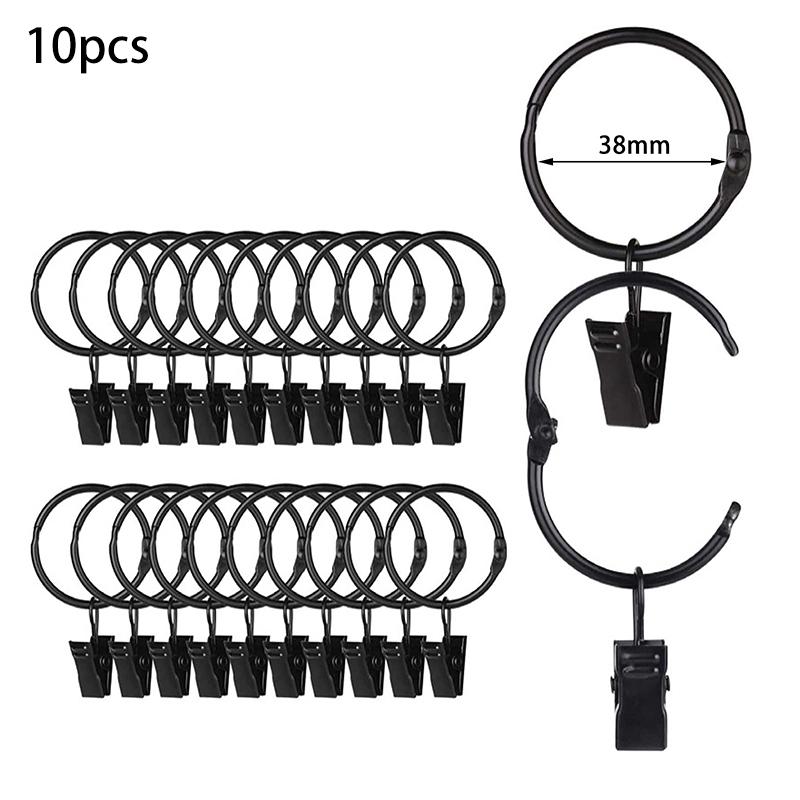 10Pcs Curtain Rings With Clips Metal Curtain Hooks Hangers Black Drapery Clips With Rings Curtain Accessories