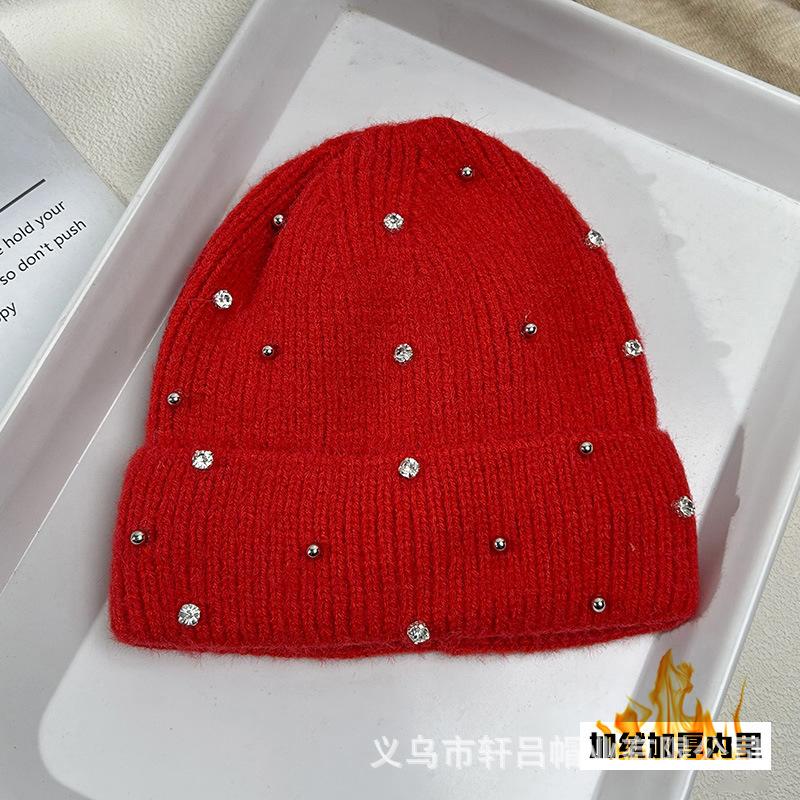 Autumn and winter new plush thickened wool hat women's trendy diamond-encrusted wool cold hat warm knitted hat pullover hat