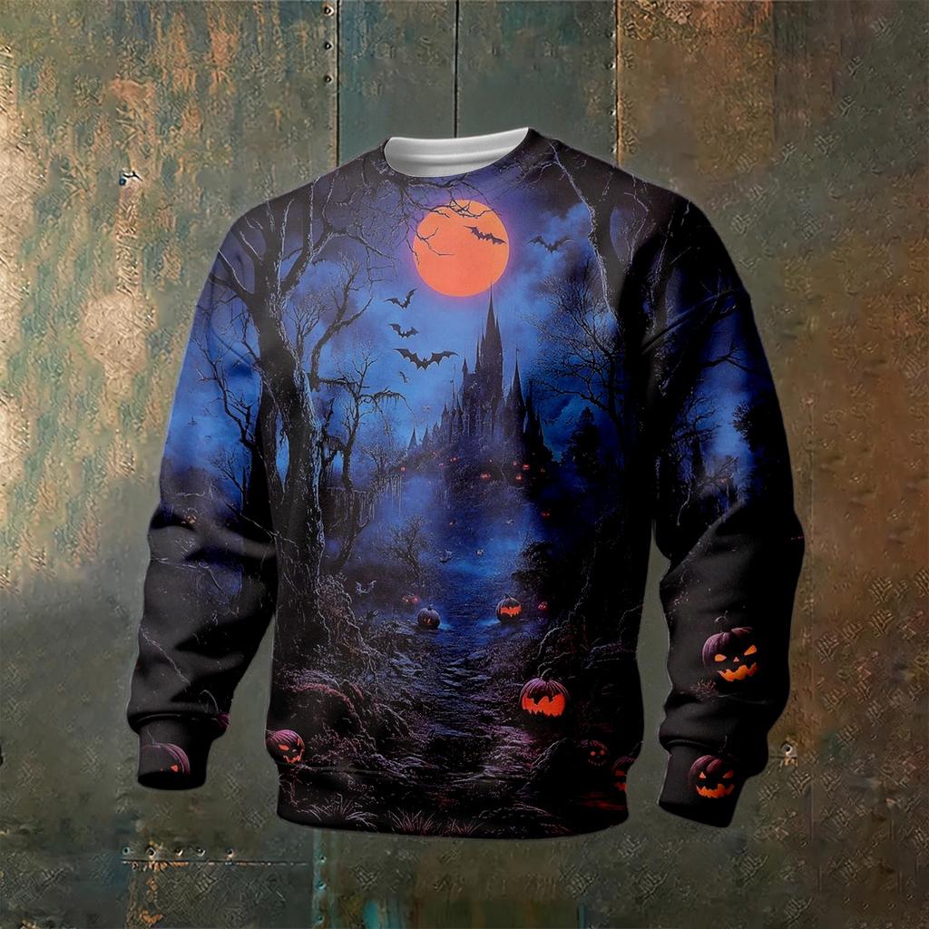 Men's Halloween Print Neck Long Sleeve Sweatshirt for Casual Athletic Wear