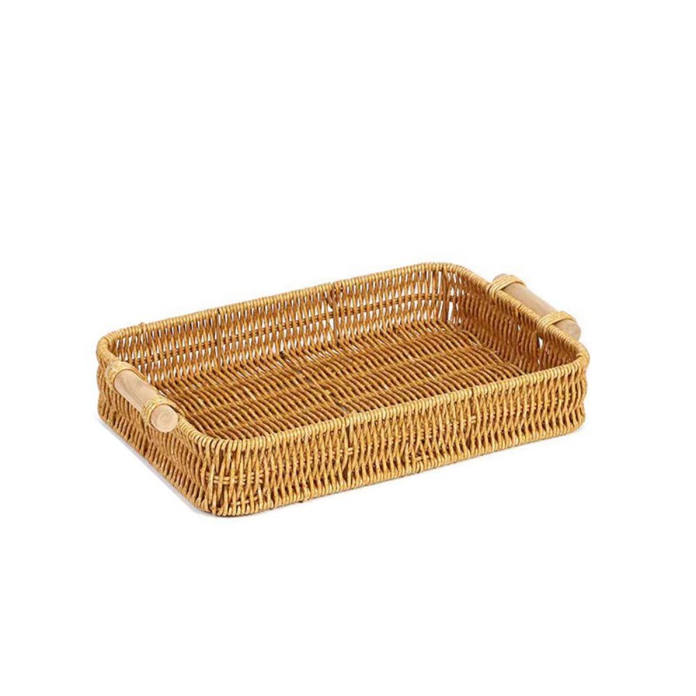 Plastic Rattan Threads Food Serving Tray Wooden Handle Desktop Organizer  Office