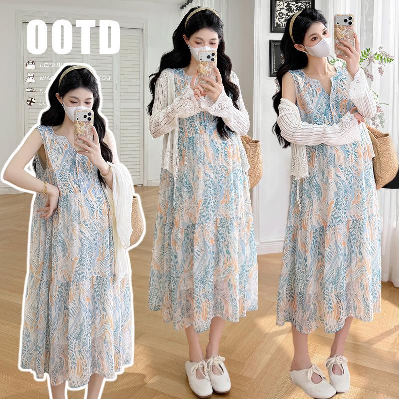 Stylish 2026 Summer Floral Maternity Dress with Lace Cardigan Set Medium