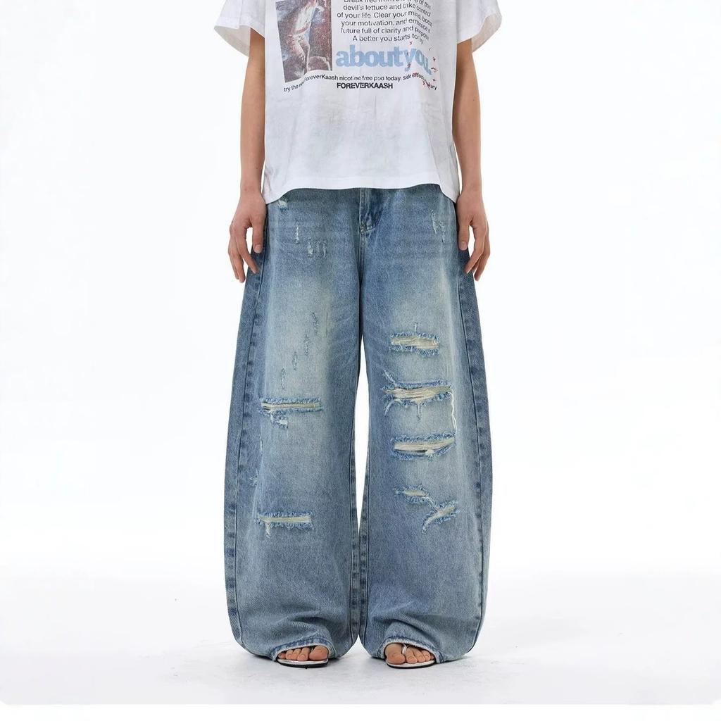 American Ripped Wide-leg Jeans Men's Spring New Thin Loose Retro Mopping Straight Pants