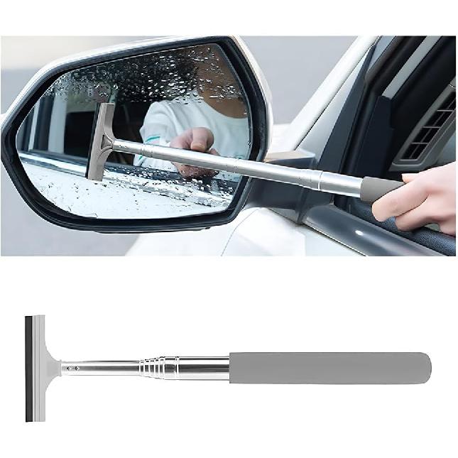Car Side Mirror Squeegee, Anti-Fog & Water Retractable Vehicle Rearview Mirror Wiper with Telescopic Long Handle, Portable Auto Glass Cleaning Tool,