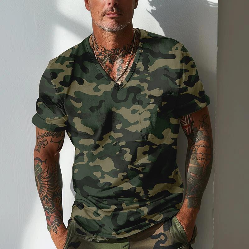 

V-neck Slim Sexy Camo Casual Sports Trend Men s T-shirt XXXL