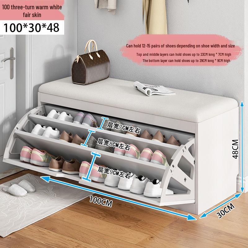 Shoe Storage Bench with Flip-Top Cabinet and Integrated Stool for Entryway