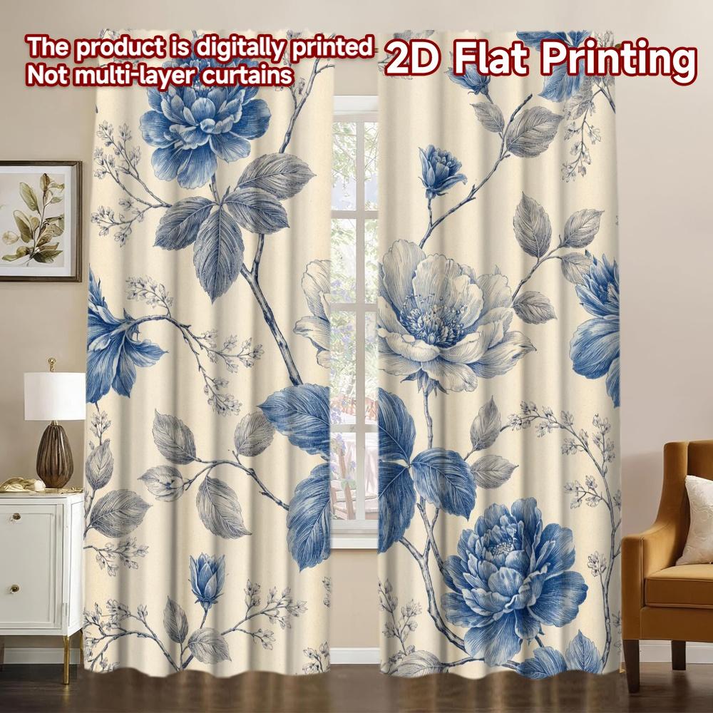 2D FLAT PRINTING 2pcs Curtains (Without Rod) Blue Botanical Floral Pattern Modern Curtains Machine Washable Fabric Curtains 60×150cm