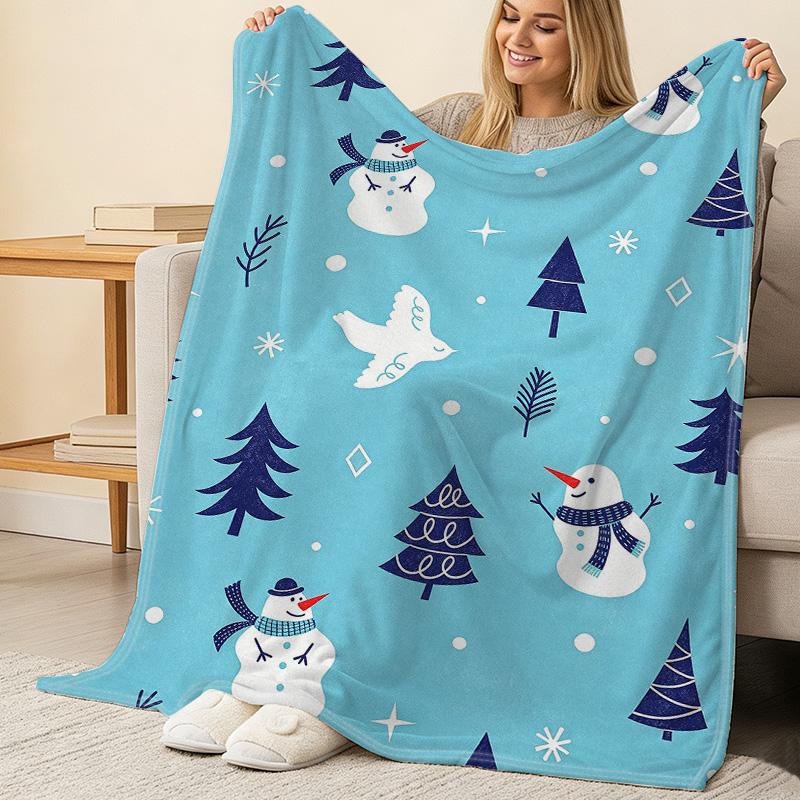 Christmas Theme Flannel Blanket - Thick Warm Soft, Cozy Home/Guest Room Single Blanket with Snowman & Christmas Tree Design