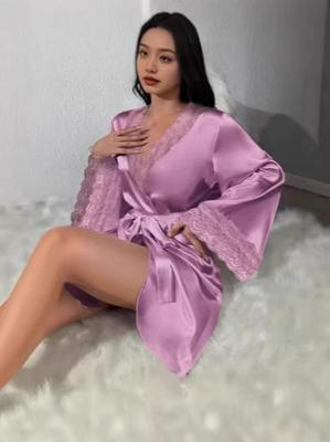 European & American Style Plus Size Lace Patchwork Silk Pajama Robe for Women