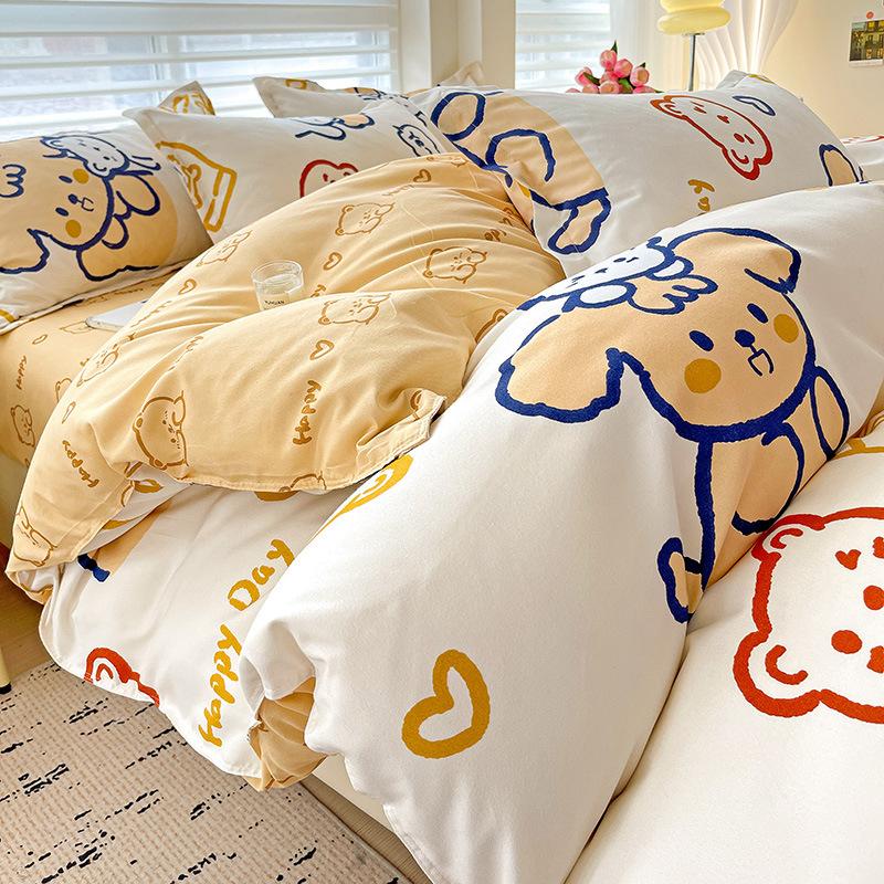 Class A Maternal And Infant Grade Small Fresh Pure Abraded Four-Piece Set Skin-Friendly Bed Sheet Washed Cotton Quilt Cover Student Dormitory 3Pcs Set