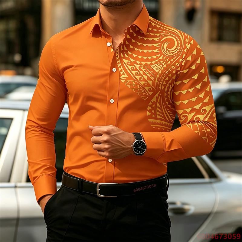 2026 New Men's Long-Sleeve Shirt, Fashionable Pattern Print, Slim Fit, European Size Business Casual Men's Top