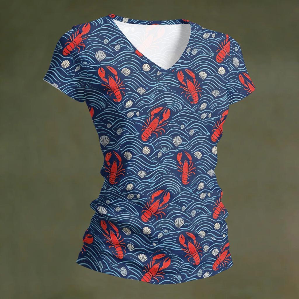 Women's Casual V Neck T Shirt Lobster and Beer Print Short Sleeve Lightweight Summer Top for Everyday Wear