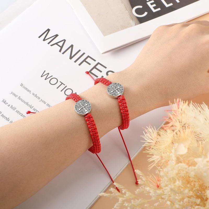 2 Pcs Catholic Saint Benedict Medal Bracelets Adjustable Black and Red String Bracelets Religious Jewelry Gifts for Men Women
