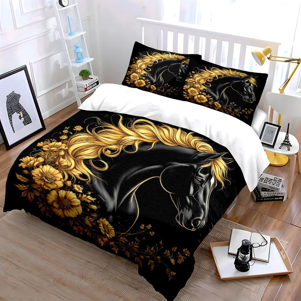 Golden Floral Horse Art Set  Kid'S And Adults' Bedroom Decor, Exquisite Three-Piece Bedding Set Gift
