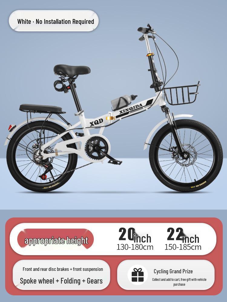 20/22-Inch Portable Folding Bicycle for Adults: No Assembly, Variable Speed, Shock-Absorbing Pedals