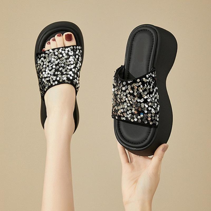 Women's Thick Heel Slippers Summer New Beach Slippers Outdoor Casual Platform Sandals Shiny Sequins Slippers for Women
