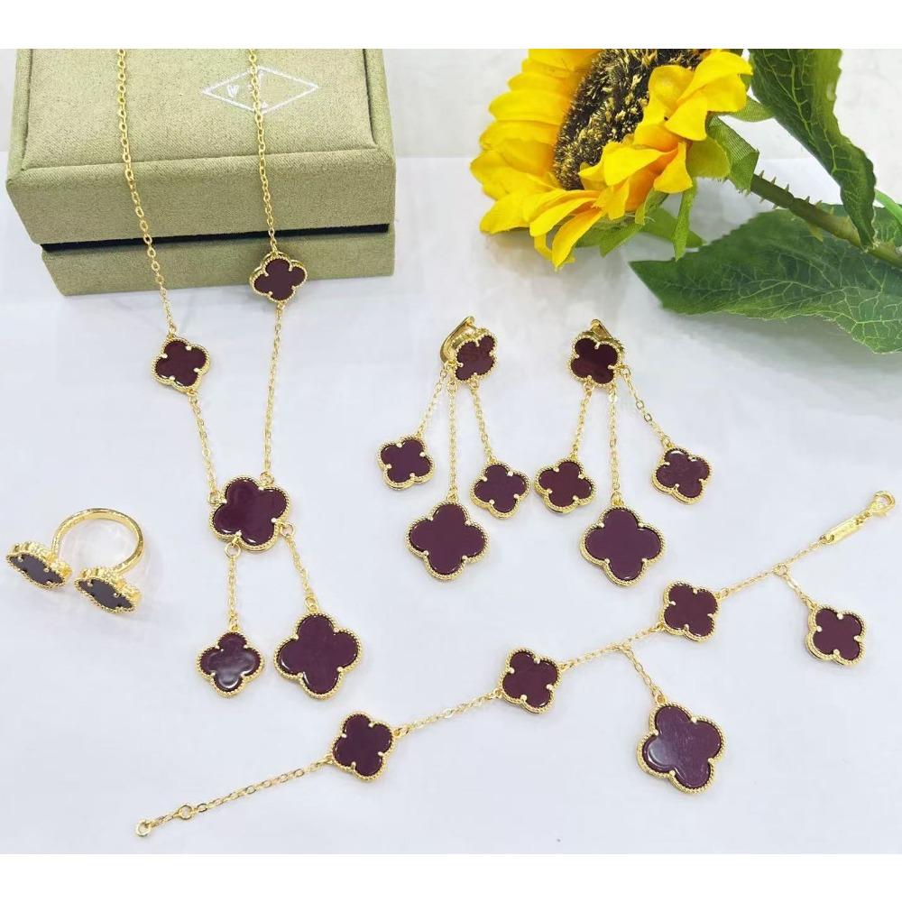 5-Piece Set New Four-Leaf Clover Jewelry Set Fashion Tassel Earrings Temperament Simple Versatile Senior Sense Of Necklace Earrings Bracelet Set