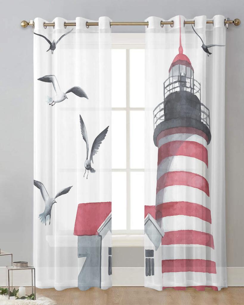 Maják s rackem akvarelové umění bílé průsvitné záclony do obývacího pokoje dekorace okenní záclony kuchyňské tylové záclony voile