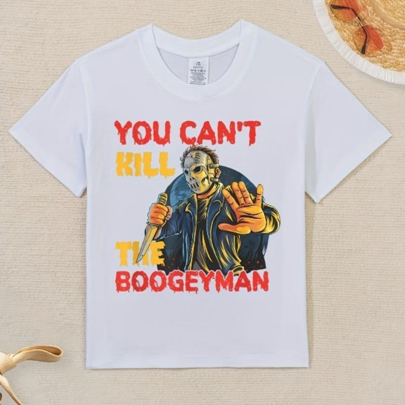 Children Crew Neck Short Sleeve T-Shirt with Halloween Theme Print 110 белый
