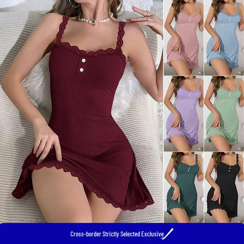 Europäisches & Amerikanisches Sexy Spitzen-Camisole Nachthemd - Niedliche Graphitfarbene Damen-Hauskleidung
