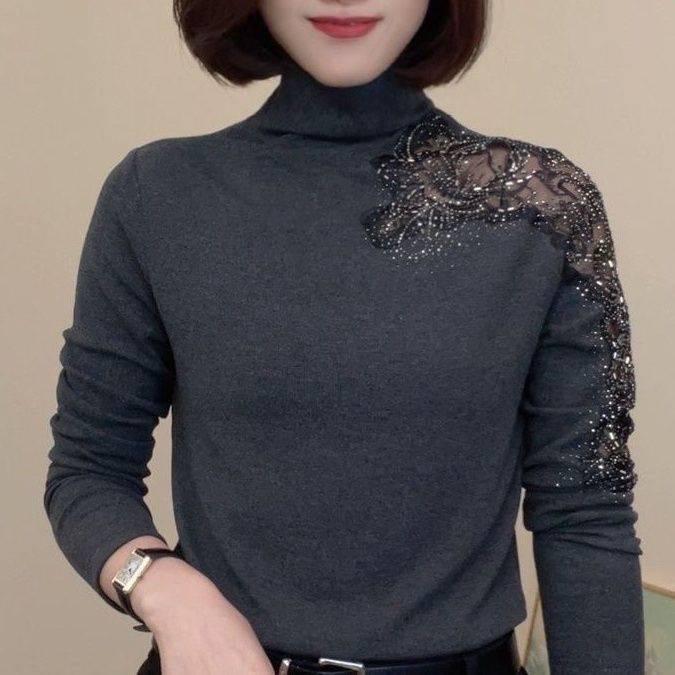 

Жіночий 2025 Топ з довгим рукавом приталеного крою зі стразами та напіввисоким коміром XL