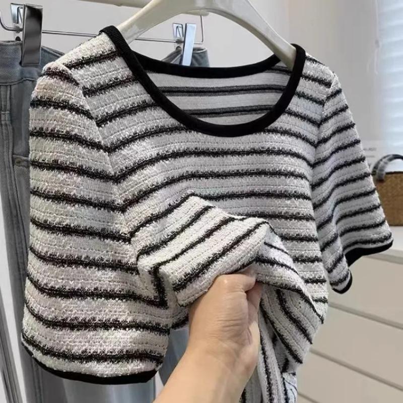 Summer Half-sleeved Striped Short-sleeved T-shirt for Women, New Chic and Unique Small Fragrance Silk Top