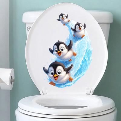 1pc Four Cute Surfing Penguin Pattern Decorative Toilet Stickers, Suitable for Toilet Lid, Cabinets, Bathroom And Other Decorative Beautification