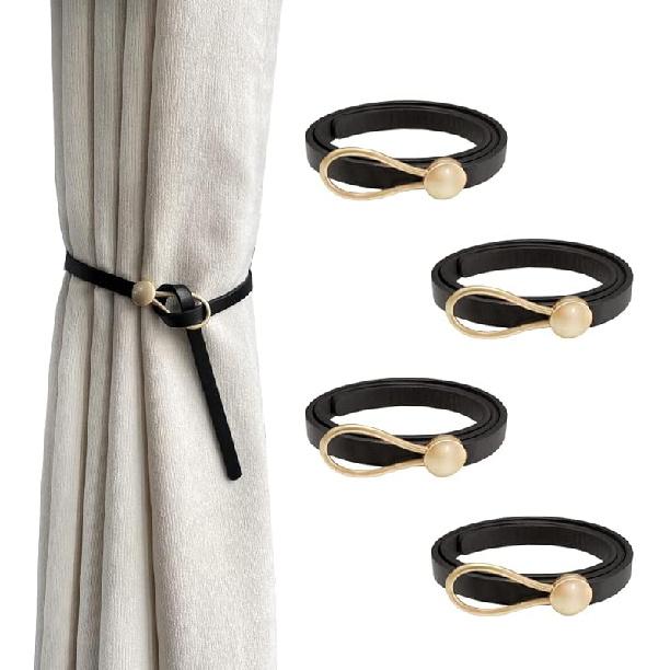 Leather Curtain Tie Backs, 4 Piece Minimalist Leather Drapery Tiebacks, Window Treatment Holdbacks, Vintage Style Curtain Tie Backs Curtain Buckle Modern Black
