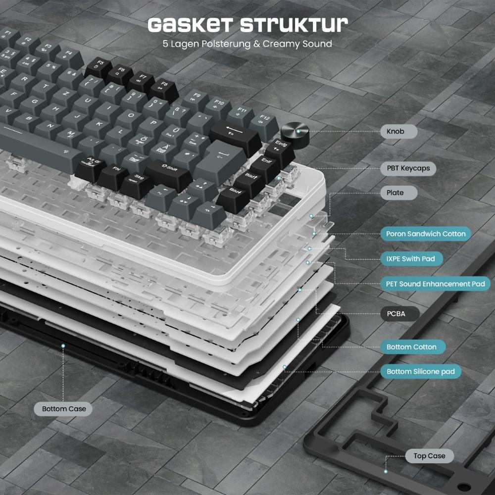 Redragon K681GB-PRO-DE Tri-mode Mechanical Keyboard, RGB Dragon Roar Switches, Hot-swappable, 4000mAh Battery, with Knob and Black/Gray Keycaps