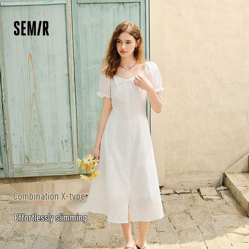 

Semir Women s Embroidered Peter Pan Collar Puff Sleeve Dress M