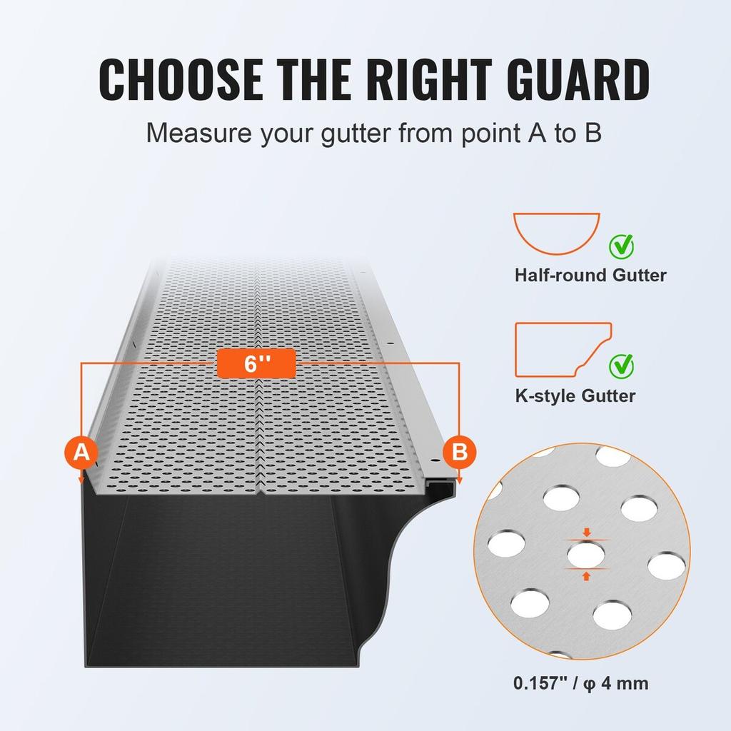 Gutter Guard, 152mm Width, Aluminum Leaf Filter DIY Gutter Cover, 26 PCS 264cm Total Length, 4mm Hole Diameter & 0.5mm Thick Raptor Gutter Guards Fits