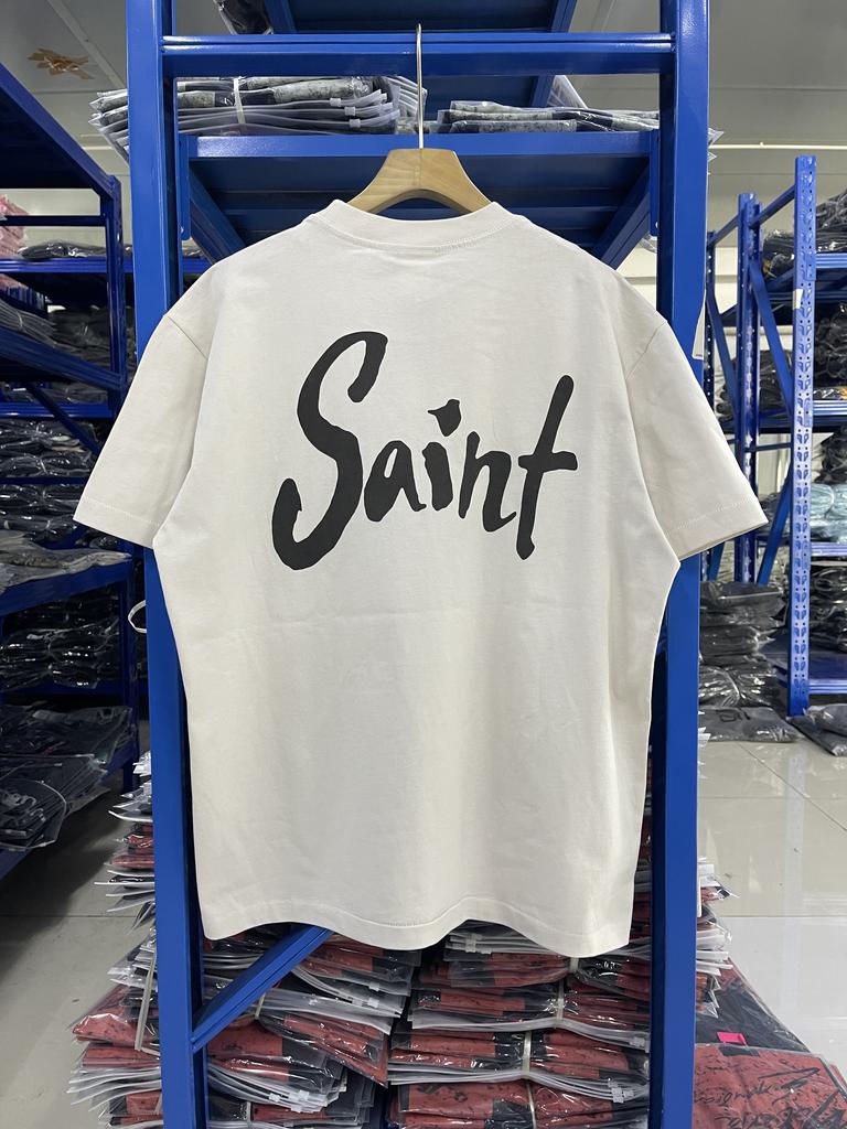Summer 2025 Washed Mens Short Sleeves Tshirt Vintage Saint Letter Print Japanese Oversize Highquality Heavyweight Pure Cotton