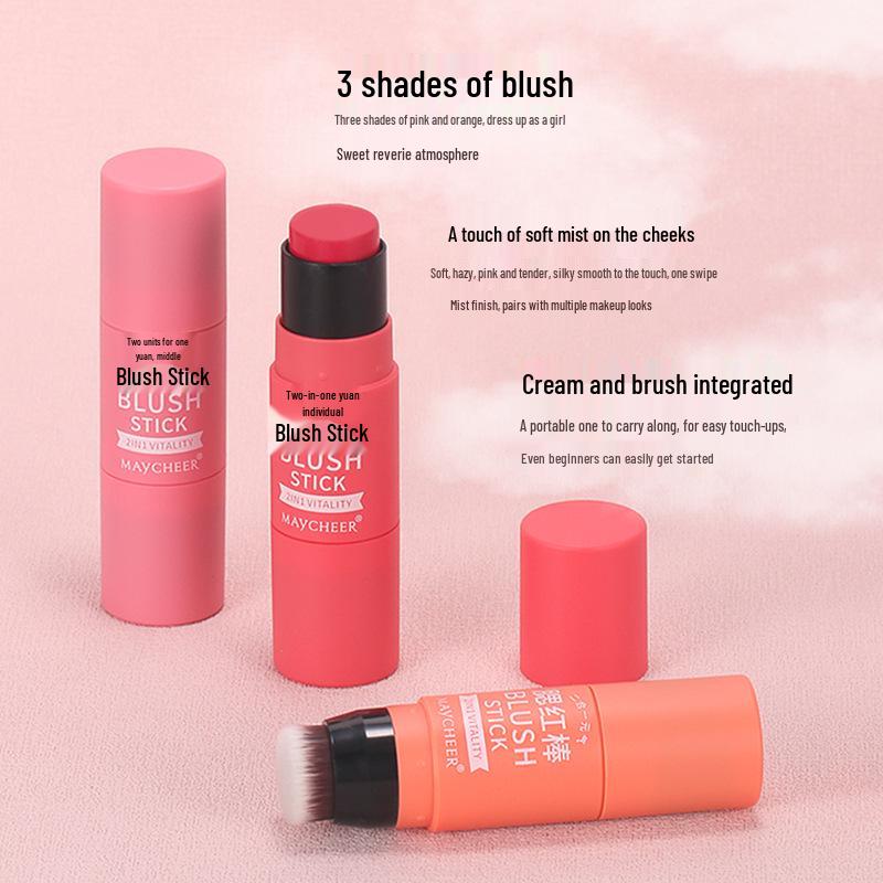Meixi'er Coral Rose Cream Blush Stick with Brush - Natural Sun-Kissed Japanese Style.