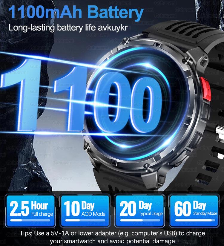 1100mAh Large Battery Durable Adult Smart Watch GPS Strong Flashlight 10ATM Waterproof BT Call Sport Smartwatch Men